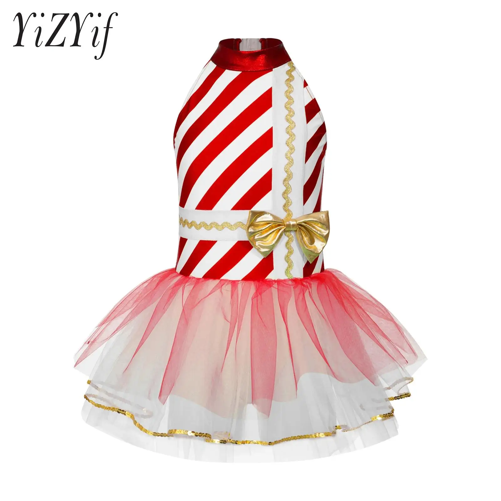 

Kids Girls Candy Cane Christmas Tutu Dress Stripes Print Xmas Costume Shiny Sequins Bowknot Dancewear