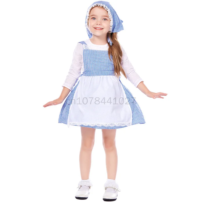 

Cotton Girls Blue Lattice Alice Maid Cosplay Costume Pastoral Style Farm Little Girl Dress Party Costume Photo Suit