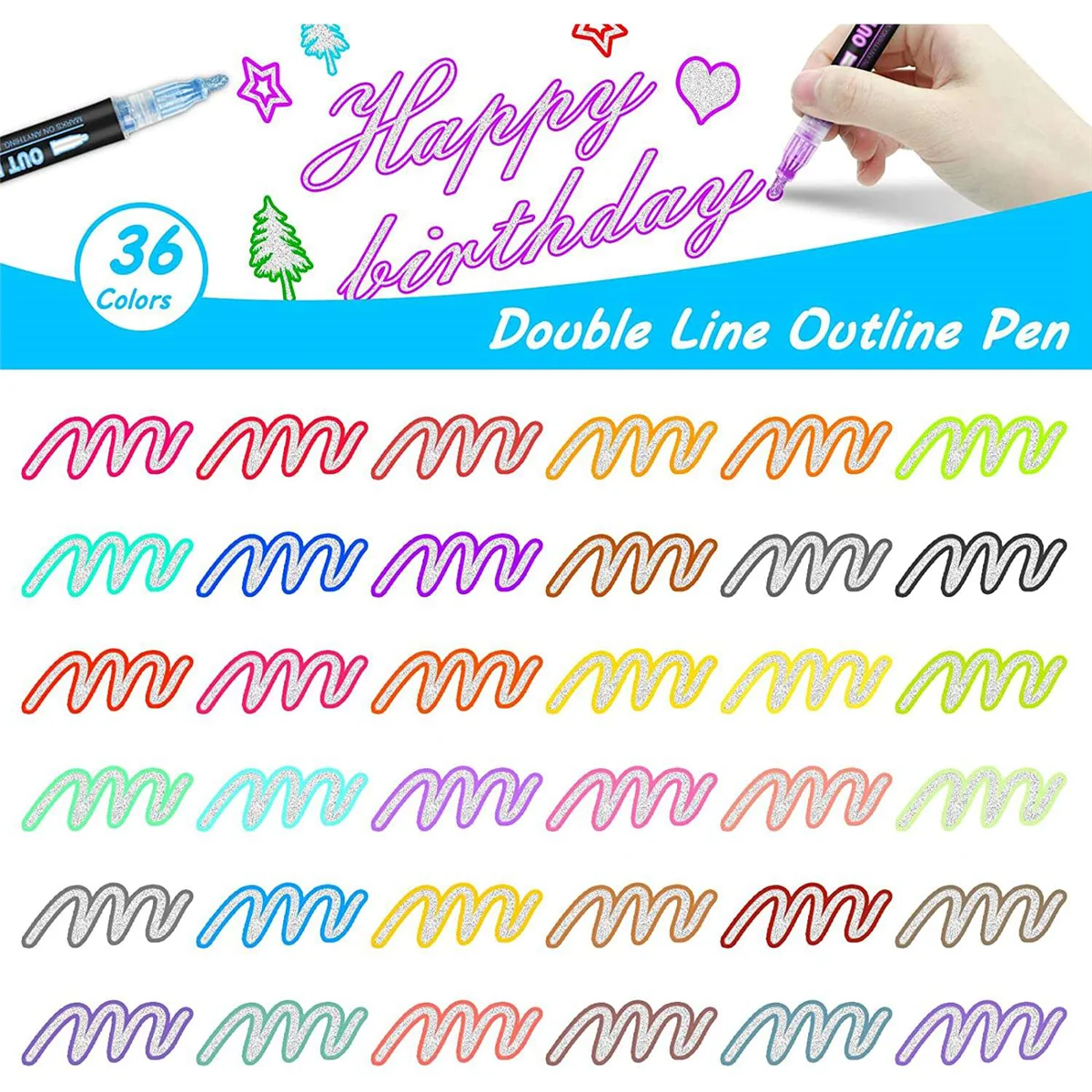 Double Line Outline Markers, 36 Colors Super Squiggles Shimmer Outline Marker Pen Set, Self Outline Metallic Markers
Double Line Outline Markers, 36 Colors Super Squiggles Shimmer Outline Marker Pen Set, Self Outline Metallic Markers