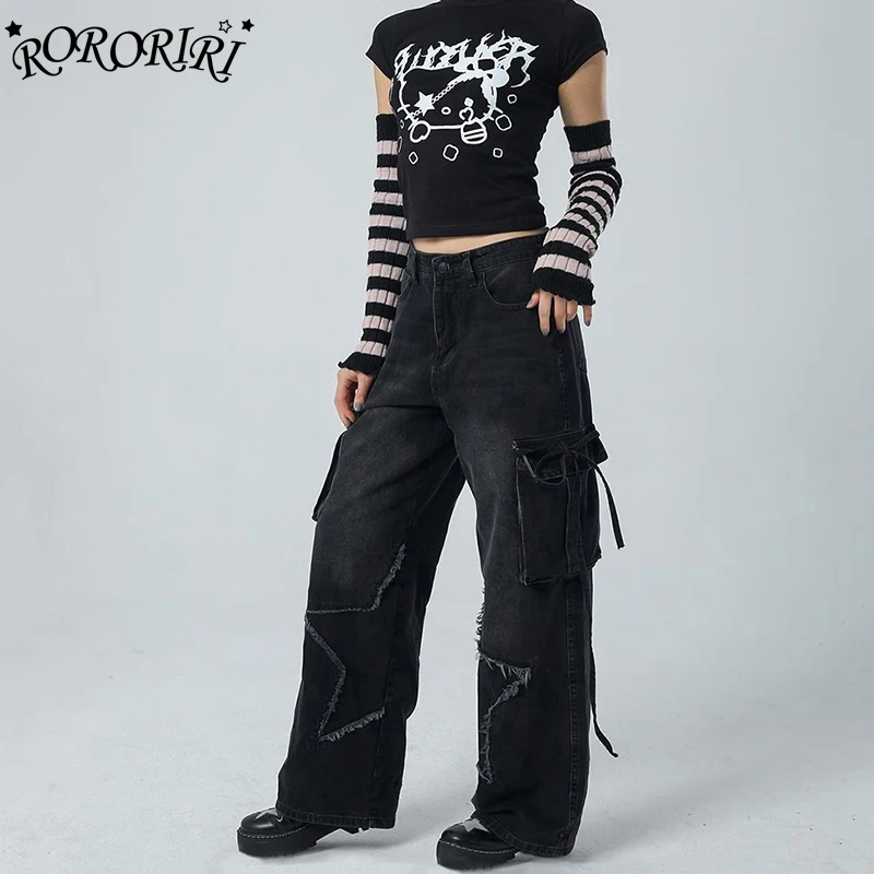 

Брюки-карго RORORIRI в стиле пэчворк с необработанными краями, женские брюки с завязками и карманами, мешковатые джинсы, винтажные брюки Y2k, Одежда большого размера