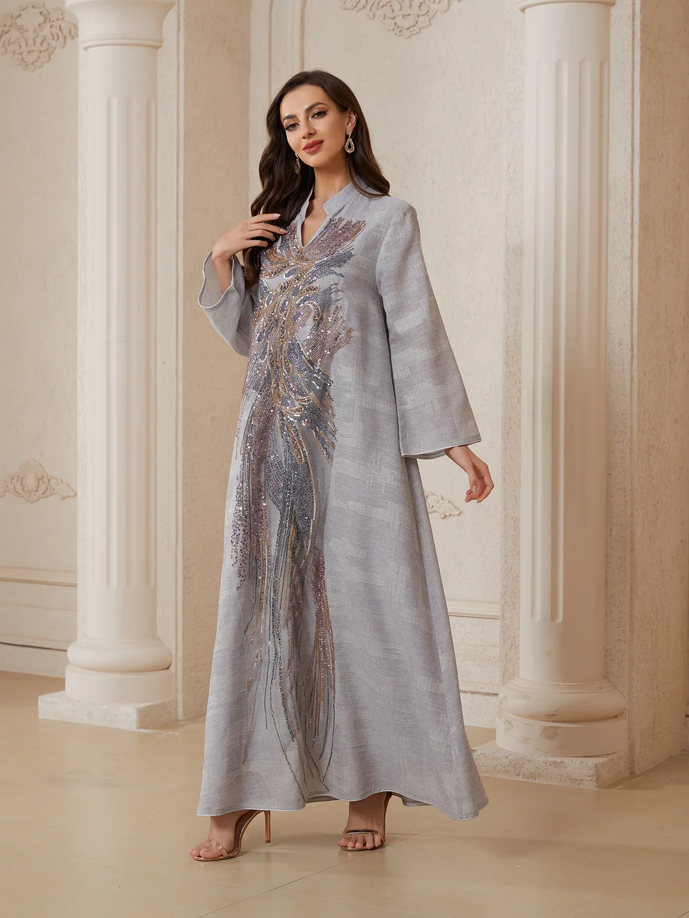 فستان سهرة فاخر للنساء من يوني دبي مطرز بالترتر مع أكمام شبكية وياقة على شكل V مزين بالخرز قفطان مغربي للسيدات 2025 فستان سهرة فاخر للنساء من يوني دبي مطرز بالترتر مع أكمام شبكية وياقة على شكل V مزين بالخرز قفطان مغربي للسيدات 2025