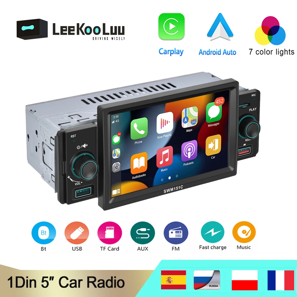

LeeKooLuu Car Radio 1 Din Stereo 5" Car MP5 Multimedia Player Support Carplay/ Android Auto Bluetooth USB FM Radio Rear Camera