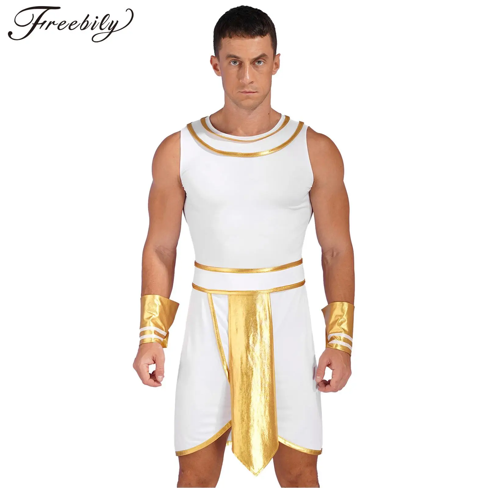 

Mens Egyptian Pharaoh King Cosplay Costume Halloween Theme Party Ancient Egypt Role Play Clothes Contrast Color Dress with Cuff