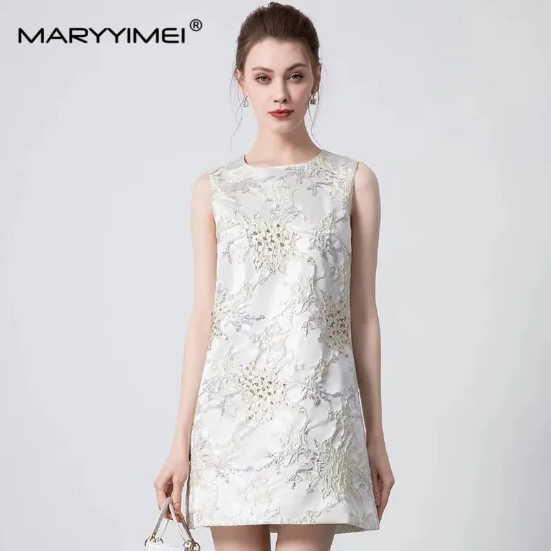 

MARYYIMEI Fashion Designer Women's New Vintage Jacquard Diamond Sequin Elegant Sleeveless Tank White A-Line Summer Mini Dresses