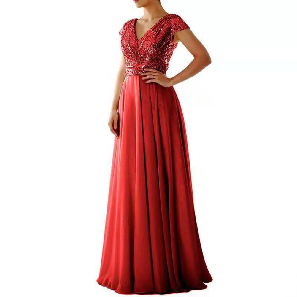 

Elegant Ladies Bridesmaid Maxi Dresses Women Sequins V Neck Gauze Cocktail Prom Ball Gown Evening Party Dress Female Clothing