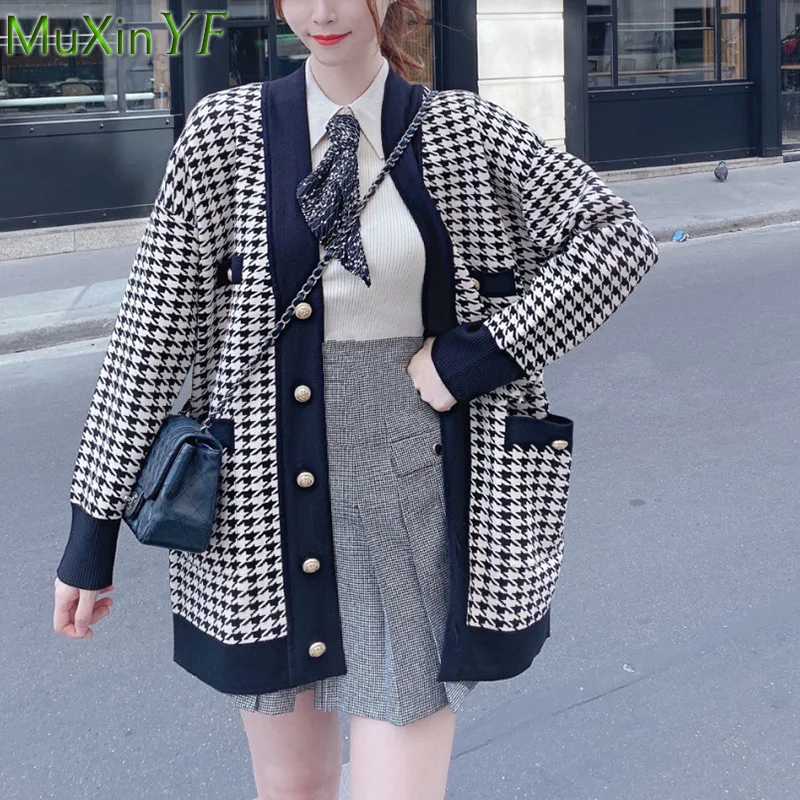 

2023 Autumn Winter Women Sweater Cardigan Lady Graceful Houndstooth Long Coats Student Casual Loose V-Neck Plaid Black Knitwear
