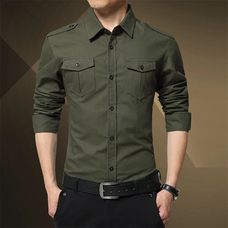 

2023 Cargo Shirt Men Long Sleeve Casual Cotton Shirts For Men High Quality Military Overshirt Brand Clothing Black Blouses 6XL