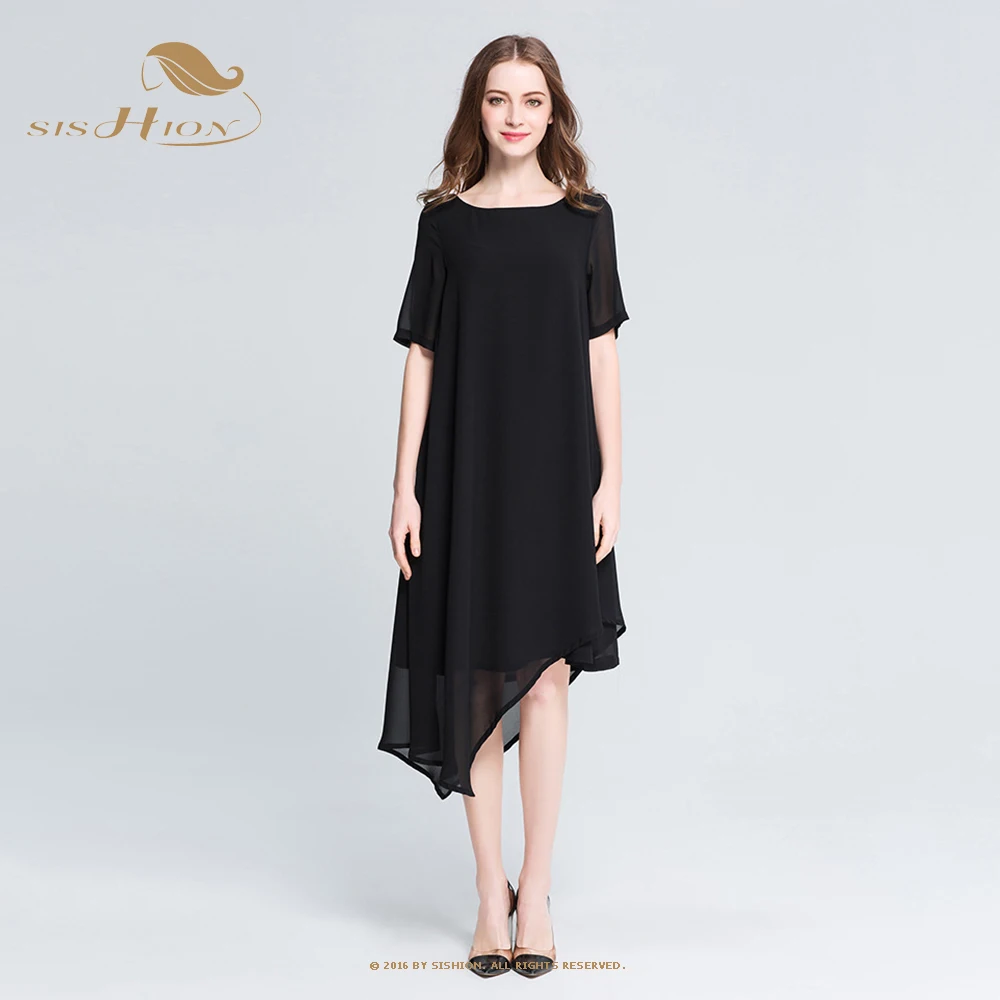 

2023 Korean Black Wine Red O Neck Midi Dress Women Elegant Casual Large Size L-5XL Asymmetrical A Line Dress SR0130