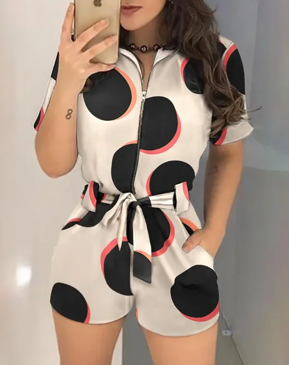 

Jumpsuit Women Casual Polka Dot Print Zip Front Belted Romper Women 2022 Summer New Short Sleeve Fashion Pocket Playsuits