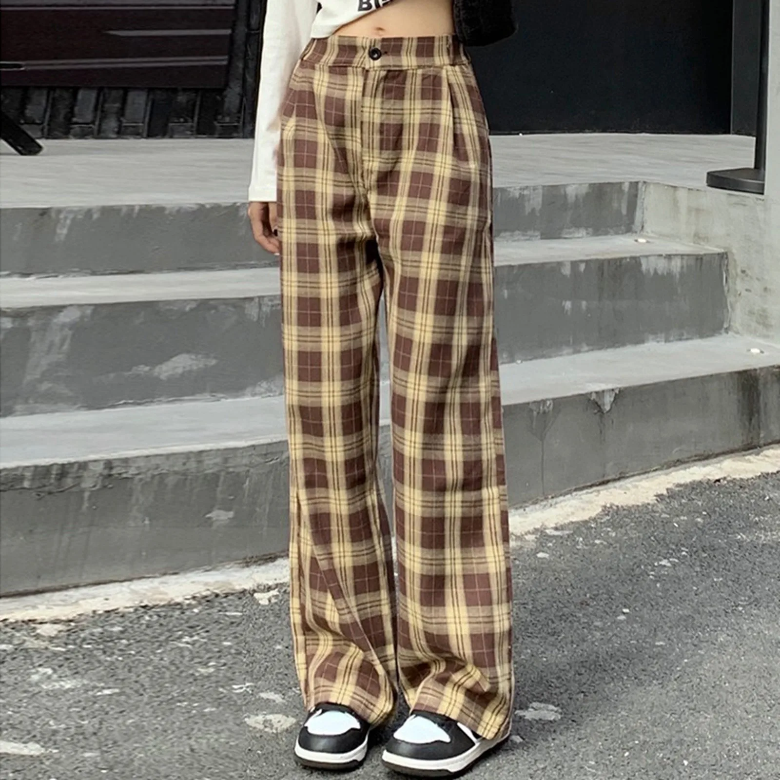 

Pants For Women New Fashion Loose Black Plaid Summer Harajuku Students Streetwear Harem Long Trousers Womens Chic Wide Leg Pants