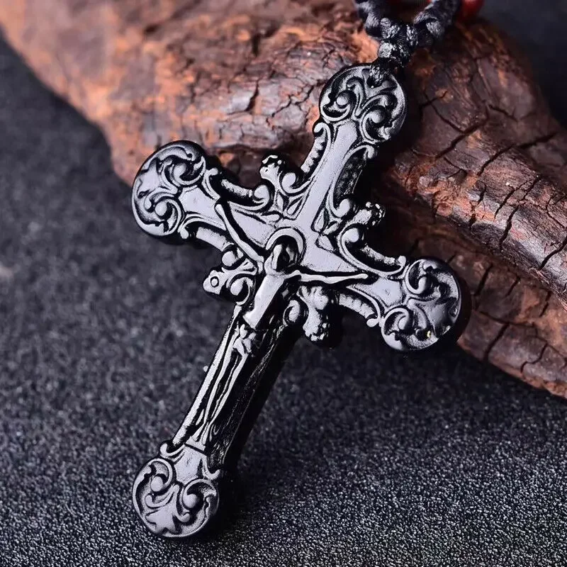 

Natural Black Obsidian Cross Pendant Beads Necklace Charm Jewellery Fashion Accessories Hand-Carved Jesus Amulet Gifts