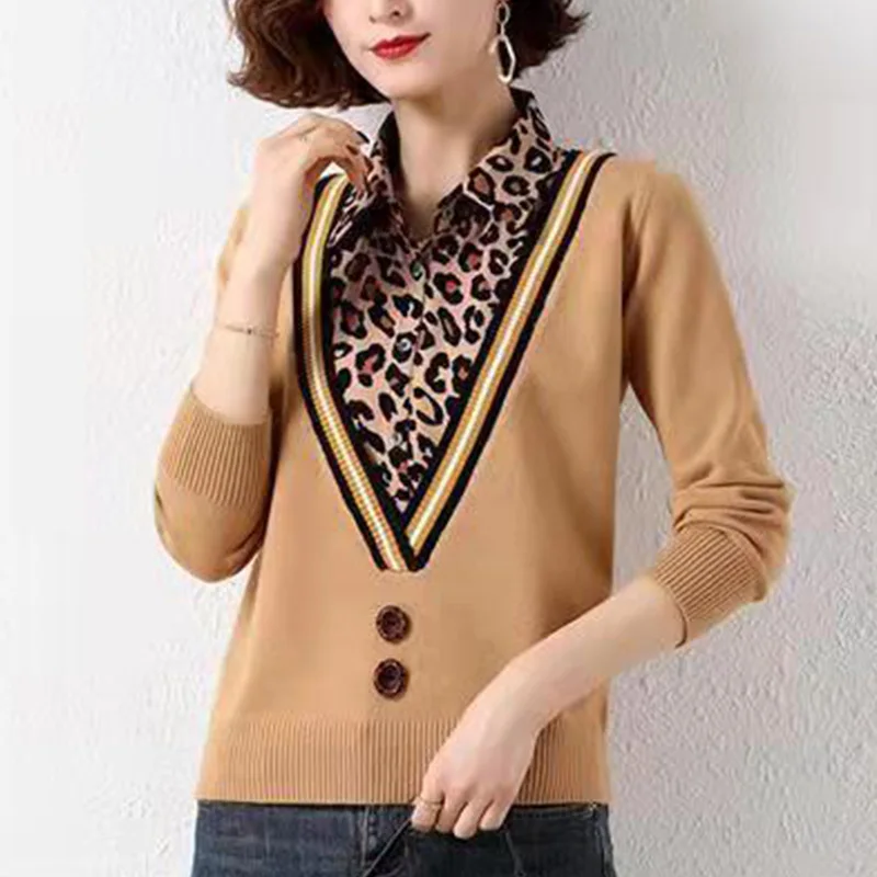 Autumn Winter New Fake Two Pieces Knitting Sweater Women Clothing Fashion Leopard Turn-down Collar Loose Long Sleeve T-Shirt
Autumn Winter New Fake Two Pieces Knitting Sweater Women Clothing Fashion Leopard Turn-down Collar Loose Long Sleeve T-Shirt