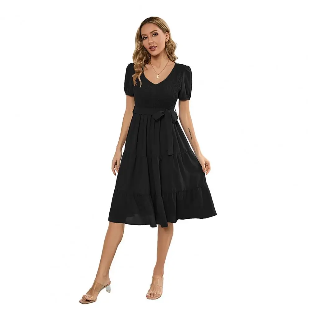 

Lady Summer Dress Stylish Women's V-neck A-line Midi Dress Patchwork Design Loose Hem Belted Waist for A Flattering Summer Look