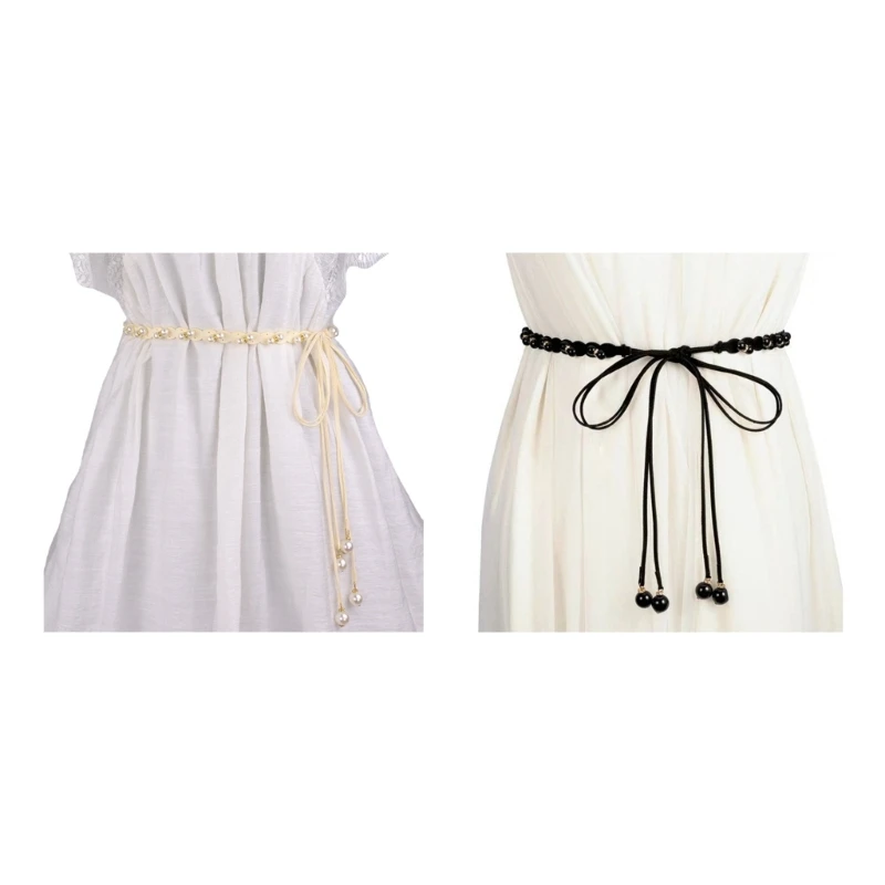 

Women Seaside Bohemian Thin Belt White Pearl Decors Braided Belt Summer Dress Dropship