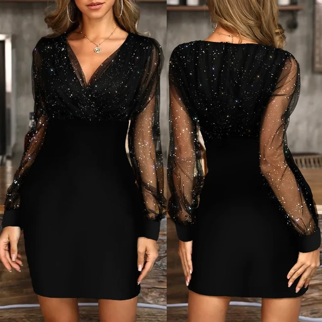 

2024 New Surplice Dress Retro Dress Sexy Sequins Female Black Elegant Summer Wonen Party Women'S Over The Shoulder Prom Dress