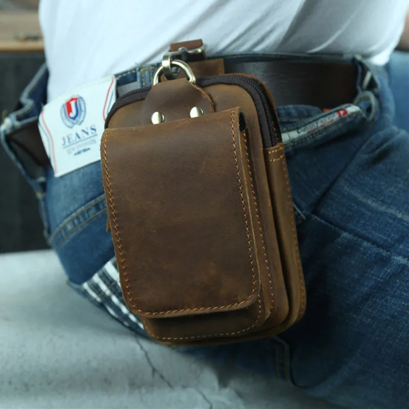 

Men Genuine Leather Waist Packs Male Crazy Horse Leather Belt Bag for Cigarette Phone Pouch Case Men's Small Travel Waist Bag