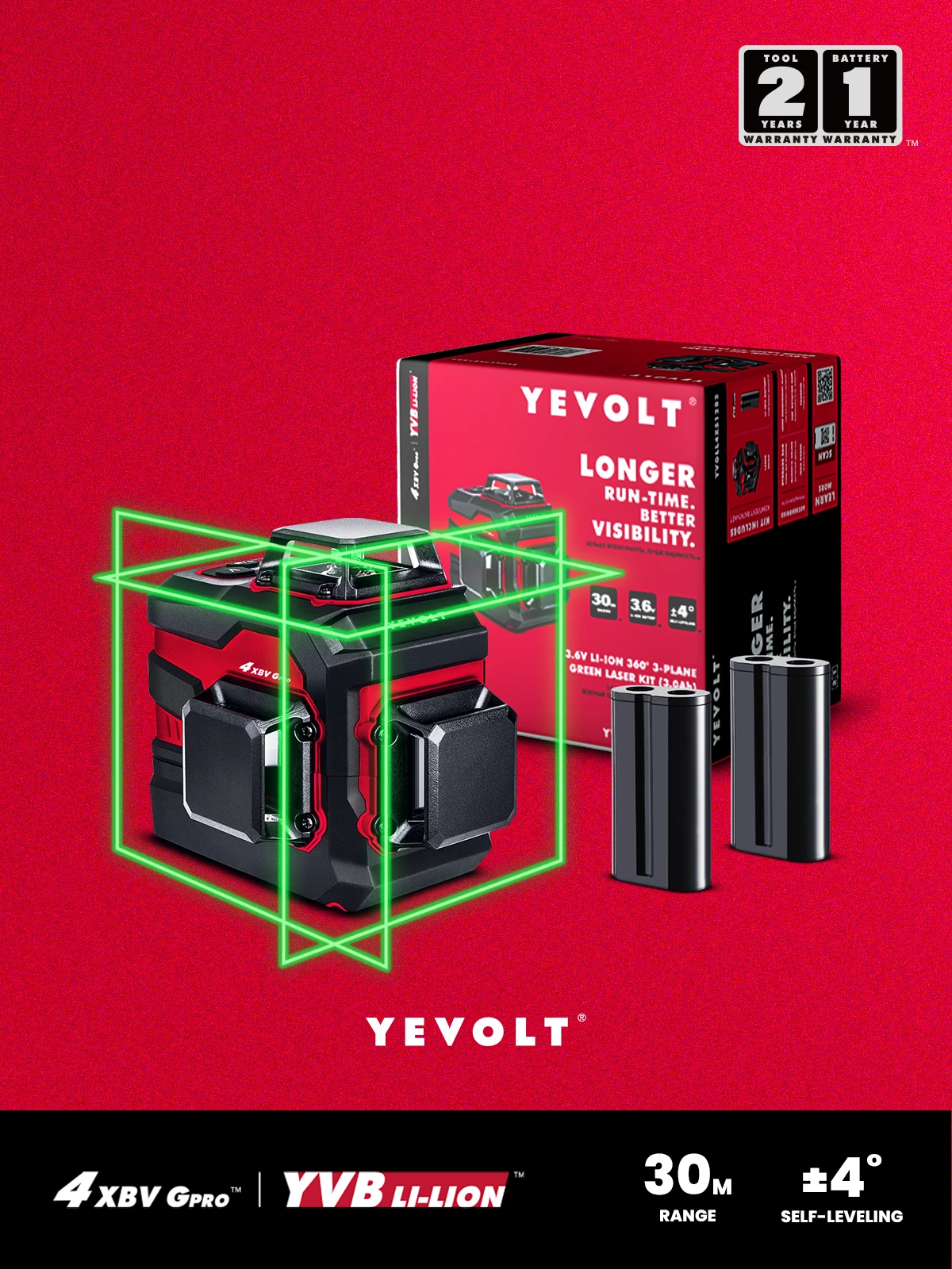

YEVOLT YVGLL4XS12DP 3-Plane Green Laser Level All Day work with 3.6V Li-ion Battery 360 12-Line 3D Self-Leveling Measuring Tools