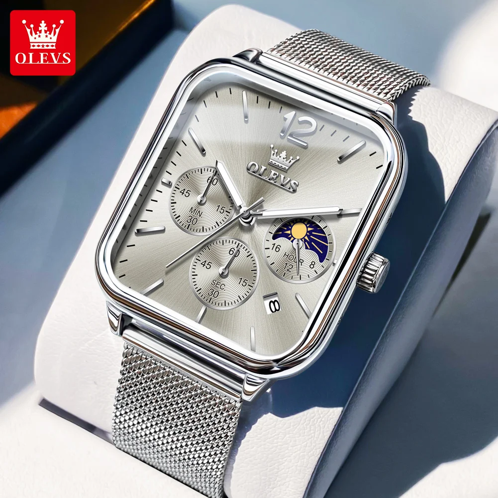 OLEVS-Montre à Quartz Étanche pour Homme, Cadran Carré, Shoous, Phase de Lune, Date, Chronographe, Tendance, Mode Originale 1