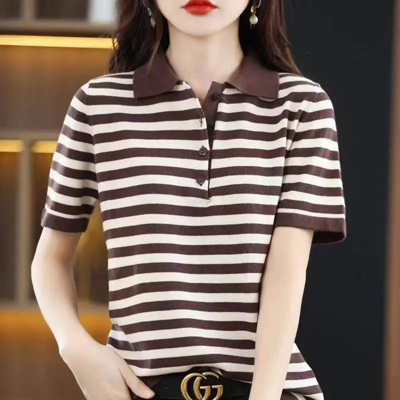 

2024 Women's Summer New Pullover Turndown Collar Patchwork Button Stripes Fashion Loose Office Lady Short Sleeved T-Shirts Tops