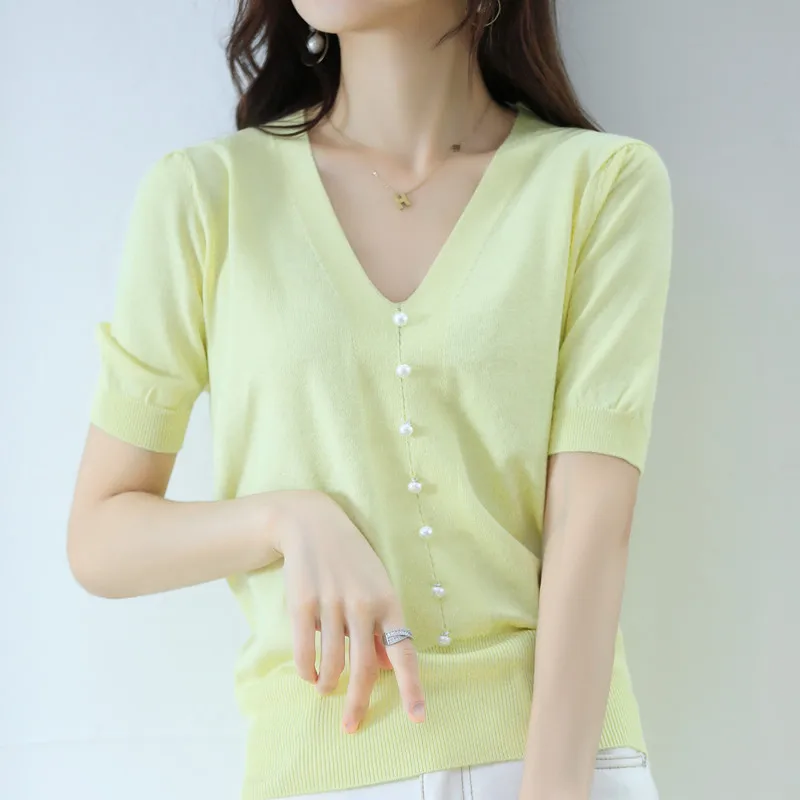Knitted Fashion New T-Shirt Women's Short-Sleeved Loose V-Neck Shirt Summer Solid Color Bottoming Thin Tide Half Sleeve
Knitted Fashion New T-Shirt Women's Short-Sleeved Loose V-Neck Shirt Summer Solid Color Bottoming Thin Tide Half Sleeve