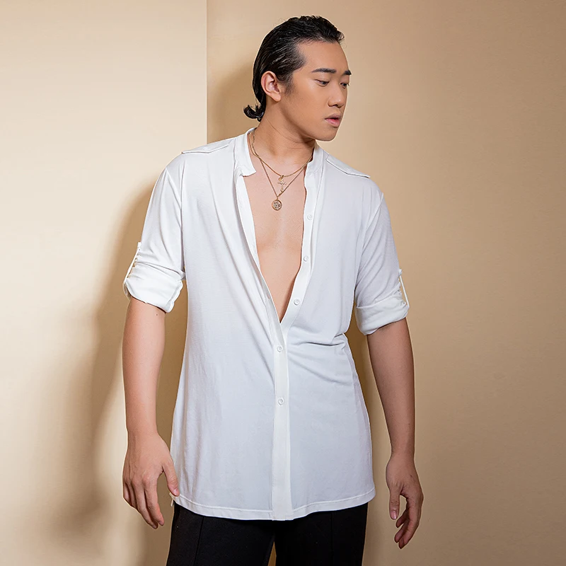 

Men's Latin Dance National Standard Dancewear Tops Boys Dance Top Practice Clothes Men's Shirt Stand Collar Shirt Stage Costume
