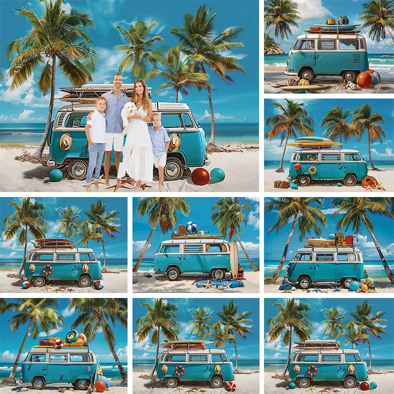 

Hawaiian Beach Blue Bus Backdrop for Photography Summer Coconut Tree Party Decor Children Portrait Backdrops Photo Booth Props