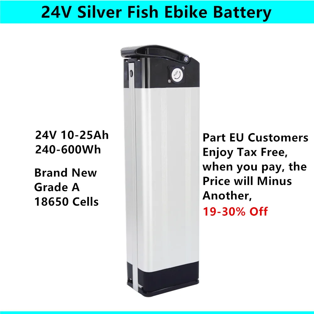 

Free Shipping silver fish bottom discharge ebike battery 24v 10ah 12ah 15ah 20ah for 24v 250w 350w 500w E-bike battery