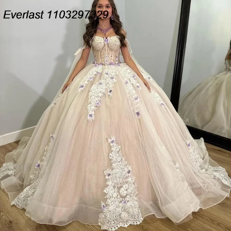 

EVLAST Champagne Quinceanera Dress Ball Gown Gold Lace Applique Beading With Cape Corset Sweet 16 Vestido De 15 Anos TQD619
