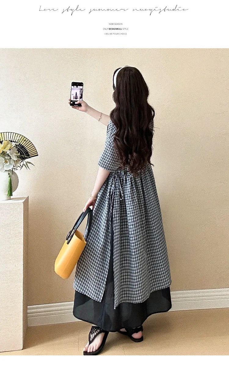 Summer Maternity Dress: Fashionable Checkered Fake Two-Piece Shirt Dress - Stylish & Comfortable Pregnancy Wear for Trendy Moms 7 S73d71f55f2ae4bf9ae8f62195aad6360H