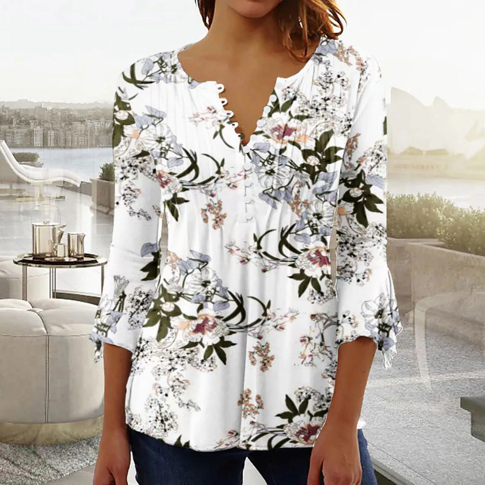 

Summer Printed Women Blouse T-Shirt Trendy Sexy Button Three-Quarter Sleeve Shirt V Neck Casual Tunic Clothes Tops Women