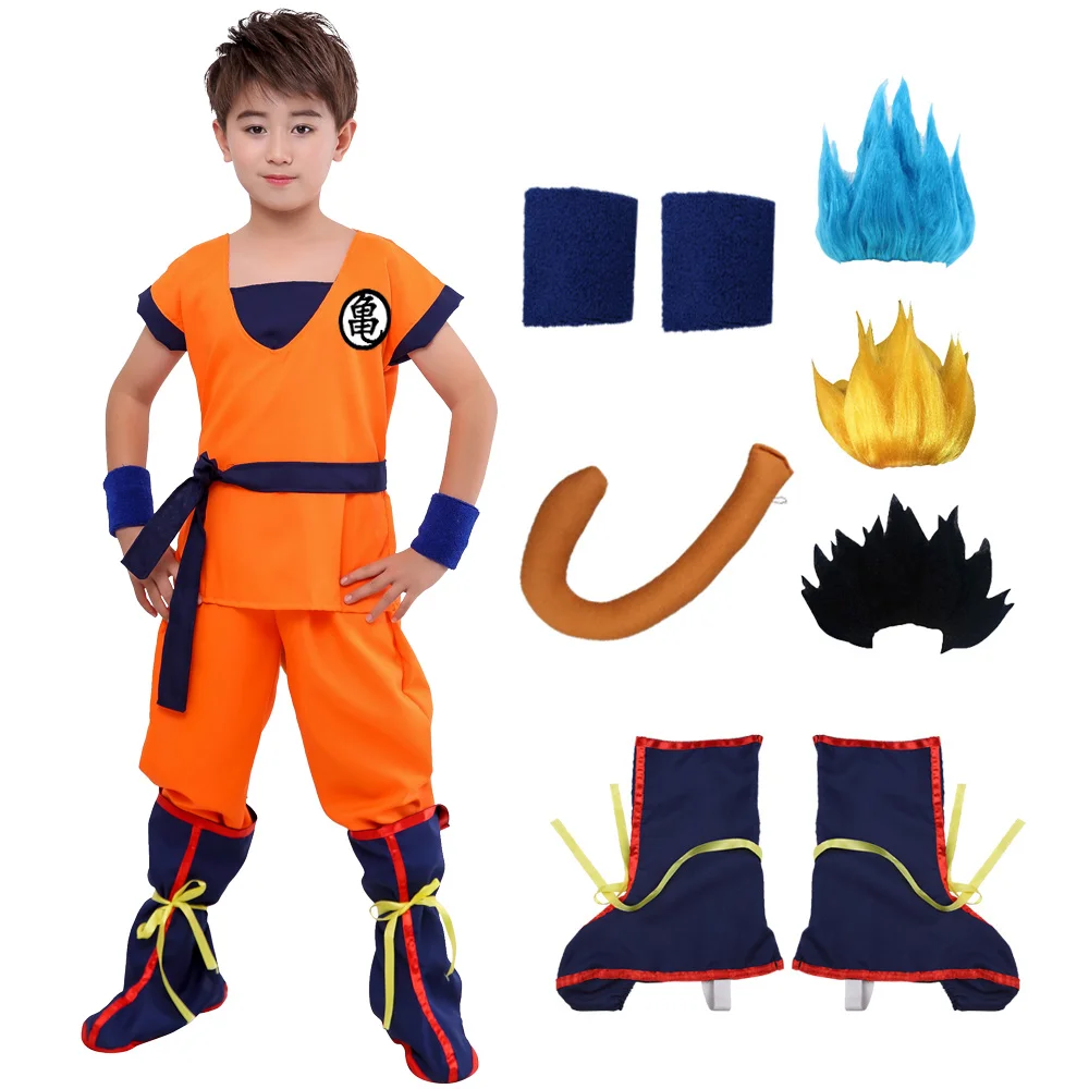 

Halloween Adult Kids Suits Son Goku Gui Carnival Anime Cosplay Holiday Costumes Tail Wrister Wig Blue Gold Children Dress Up