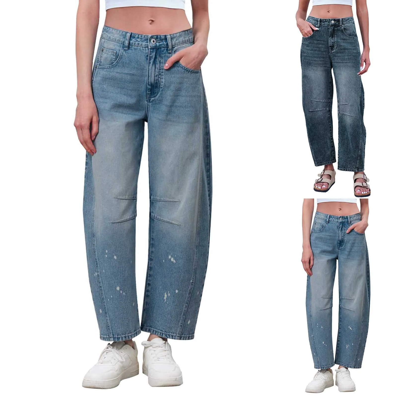 

Mid Rise Barrel Jeans For Women Wide Leg Mid Waist Cropped Denim Pants Baggy Boyfriend Jeans With Sweatpants Workout Joggers