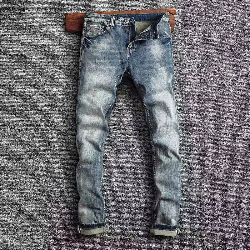 

Newly Fashion Vintage Men Jeans High Quality Retro Blue Stretch Slim Fit Ripped Jeans Men Classical Designer Denim Pants Hombre