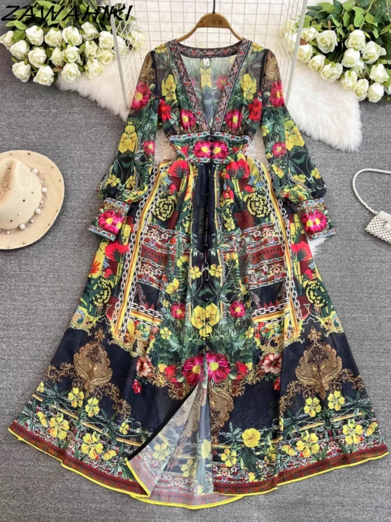 Long Dresses Women Vintage Gauze Chiffon Female Clothes Print Pleated Floral Vestidos De Fiesta Temperament V Neck Femme Robe
Long Dresses Women Vintage Gauze Chiffon Female Clothes Print Pleated Floral Vestidos De Fiesta Temperament V Neck Femme Robe