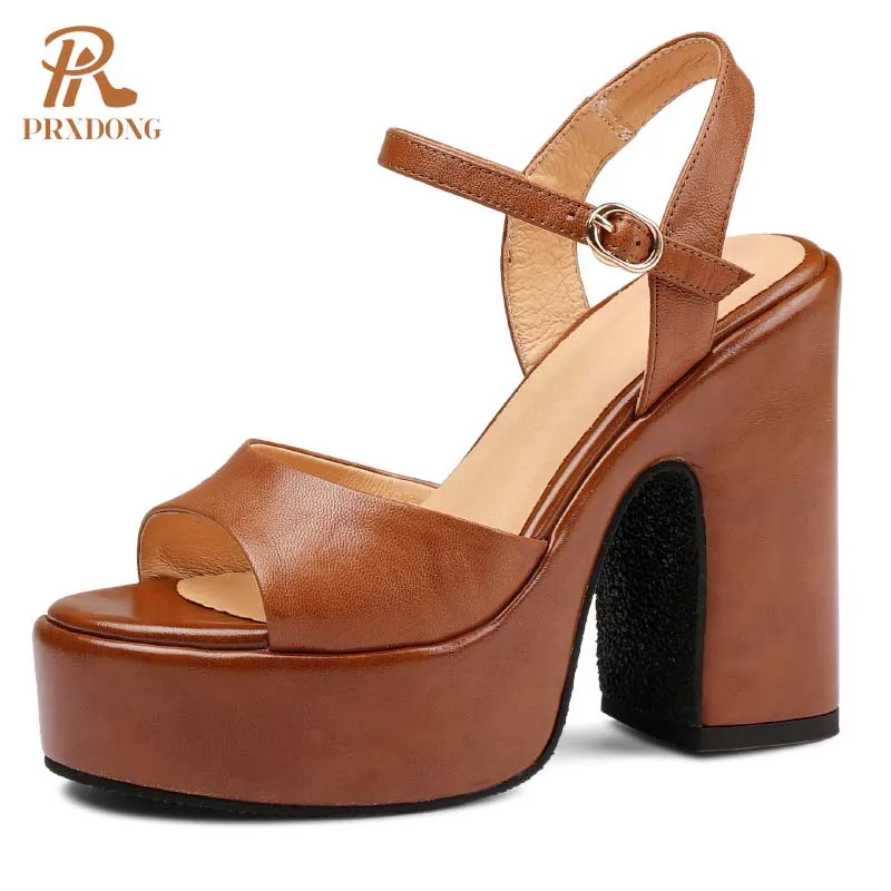 

PRXDONG Women's 2024 New Brand Genuine Cow Leather Chunky High Heels Platform Summer Shoes Dress Party Office Lady Sandals Pumps
