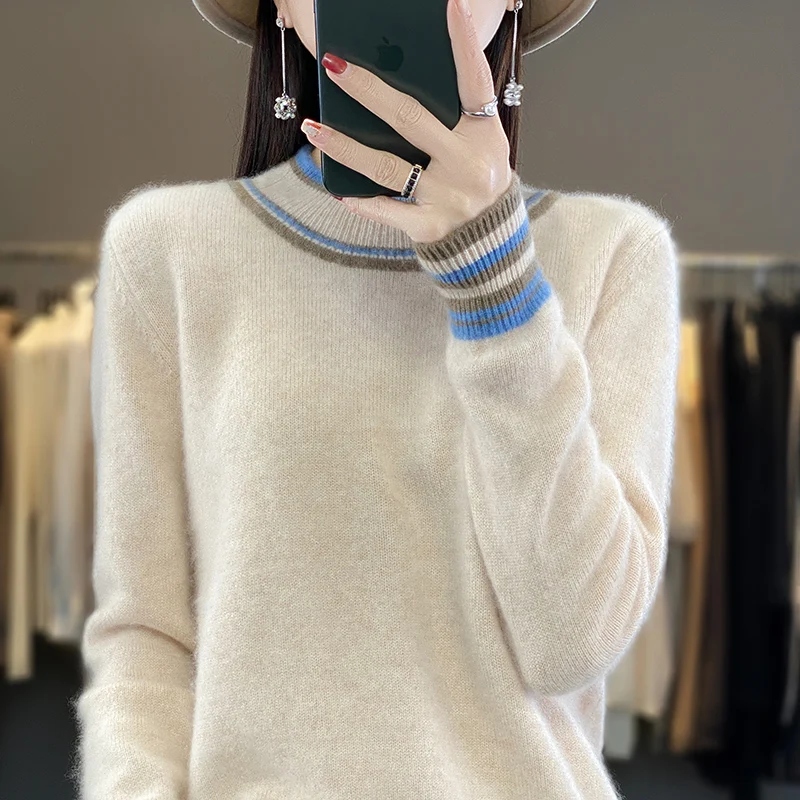 2023 Autumn/Winter New Women's O-Neck Pullover 100% Wool Cashmere Sweater Casual Knit Loose Korean Fashion Color Block Top
2023 Autumn/Winter New Women's O-Neck Pullover 100% Wool Cashmere Sweater Casual Knit Loose Korean Fashion Color Block Top