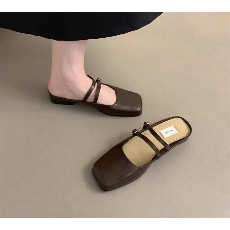 

2024 Autumn Women Flat Shoes Fashion Sliver Square Toe Shallow Ladies Elegant Mary Jane Shoes Flat Heel Outdoor Sandals
