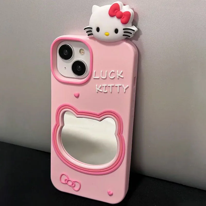 

Kawaii Sanrio Anime Phone Case Stereoscopic Hello Kitty Cute Cartoon All Inclusive Portable Comes with Makeup Mirrors Gift Girl