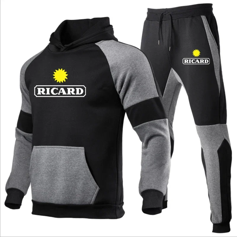 

Spring New RICARD Logo Printed Customizable Spliced Long Sleeve Men Pullover Hoodie+Pants Man Sportswear Suit Casual High Street