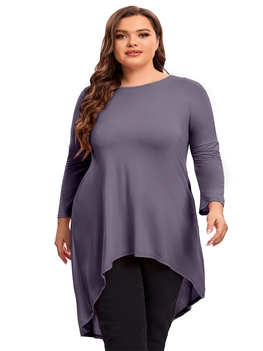 

Plus Size Long Sleeve Casual Hi Low Blouse Long Loose Fit Flare Spring Autumn Swing Tunic Tops Large Size Clothing T Shirt 6XL