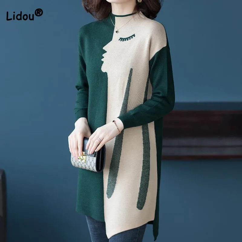 

Женский трикотажный свитер средней длины, Элегантный Модный корейский Свободный Асимметричный пуловер с воротником средней длины, одежда для осени и зимы