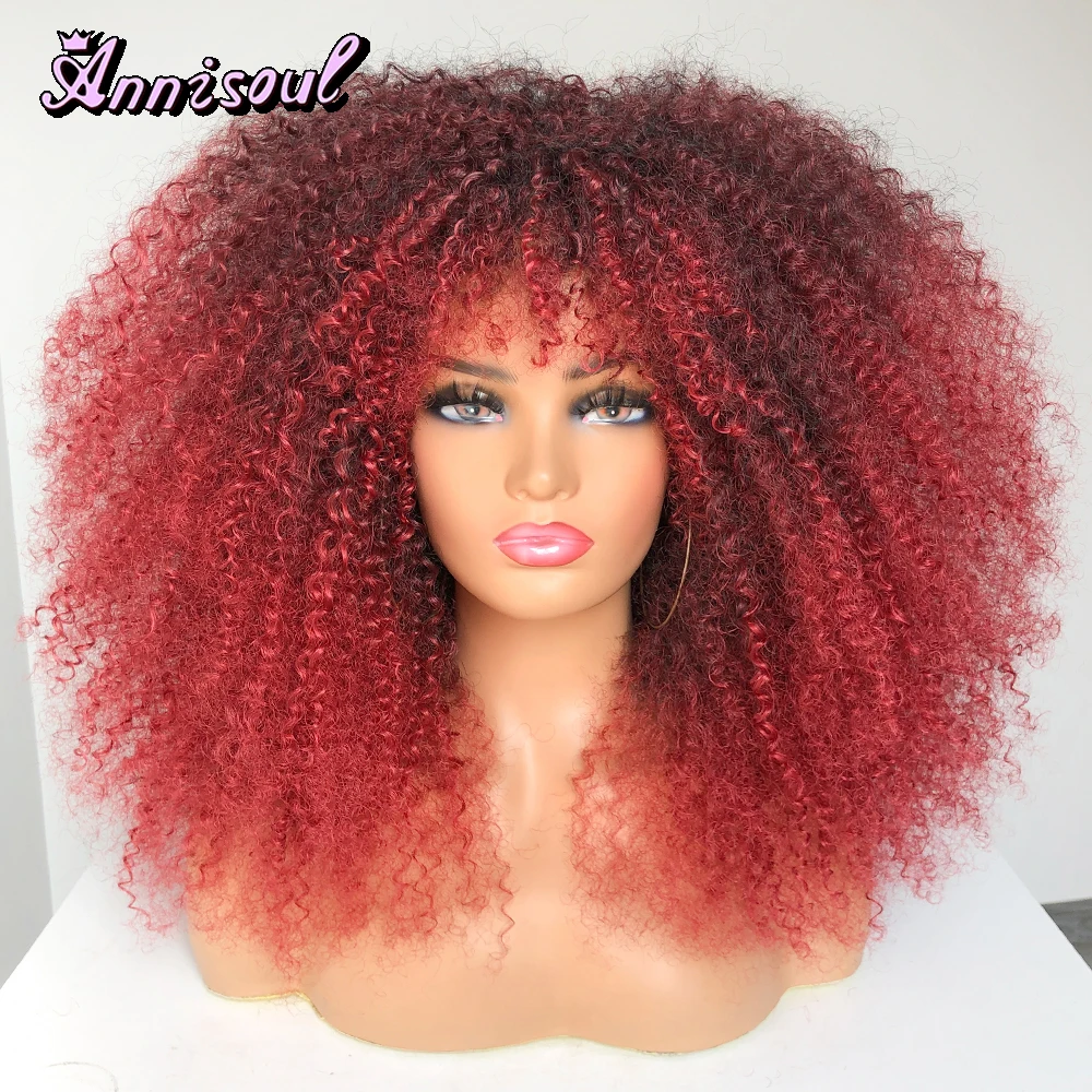 Fashion Short Hair Afro Kinky Curly Wigs With Bangs For Women African Synthetic Ombre Cosplay