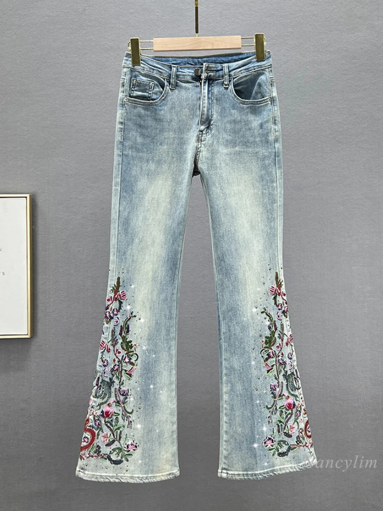 

Ethnic Style Denim Bootcut Trousers Women's New Spring Summer High Waist Slim Fit Embroidery Rhinestone Pants Fashion Jeans