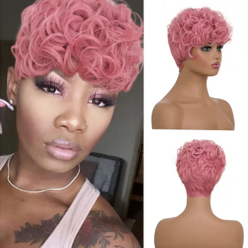 

HAIRJOY Synthetic Hair Short Pixie Cut with Bangs Curly Wigs for Black Women Layered African American Wig