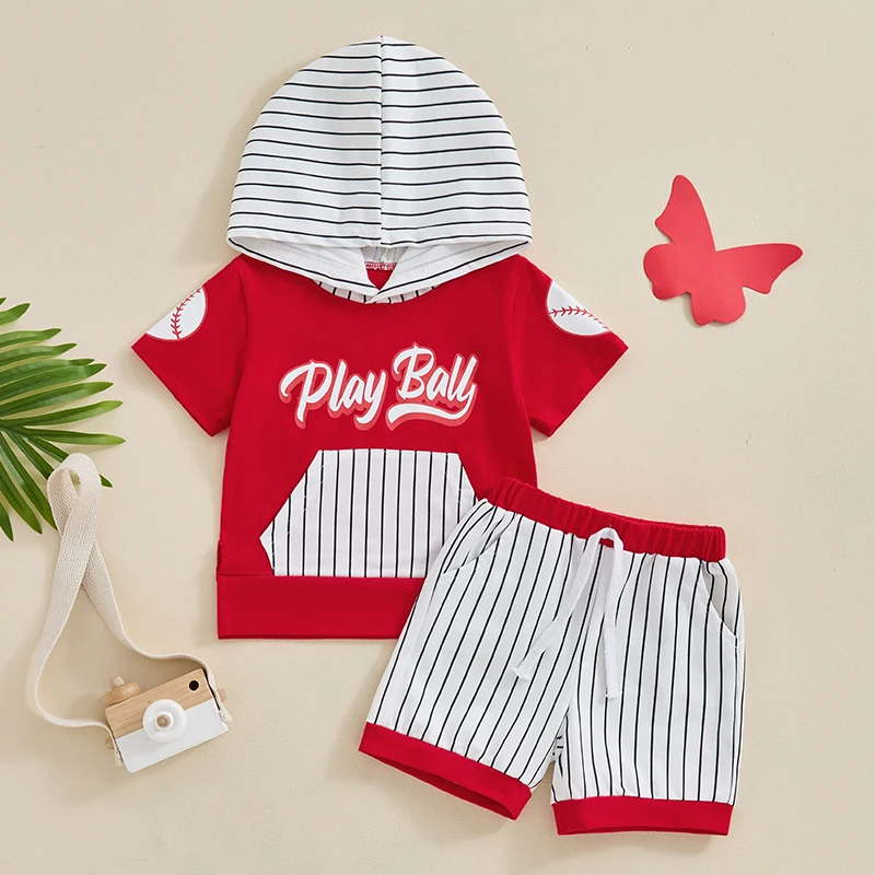 

Kids Boys Shorts Set, Short Sleeve Letter Baseball Print Hooded Pullover T-shirt with Striped Shorts Toddler Summer Outfit 6M-4Y