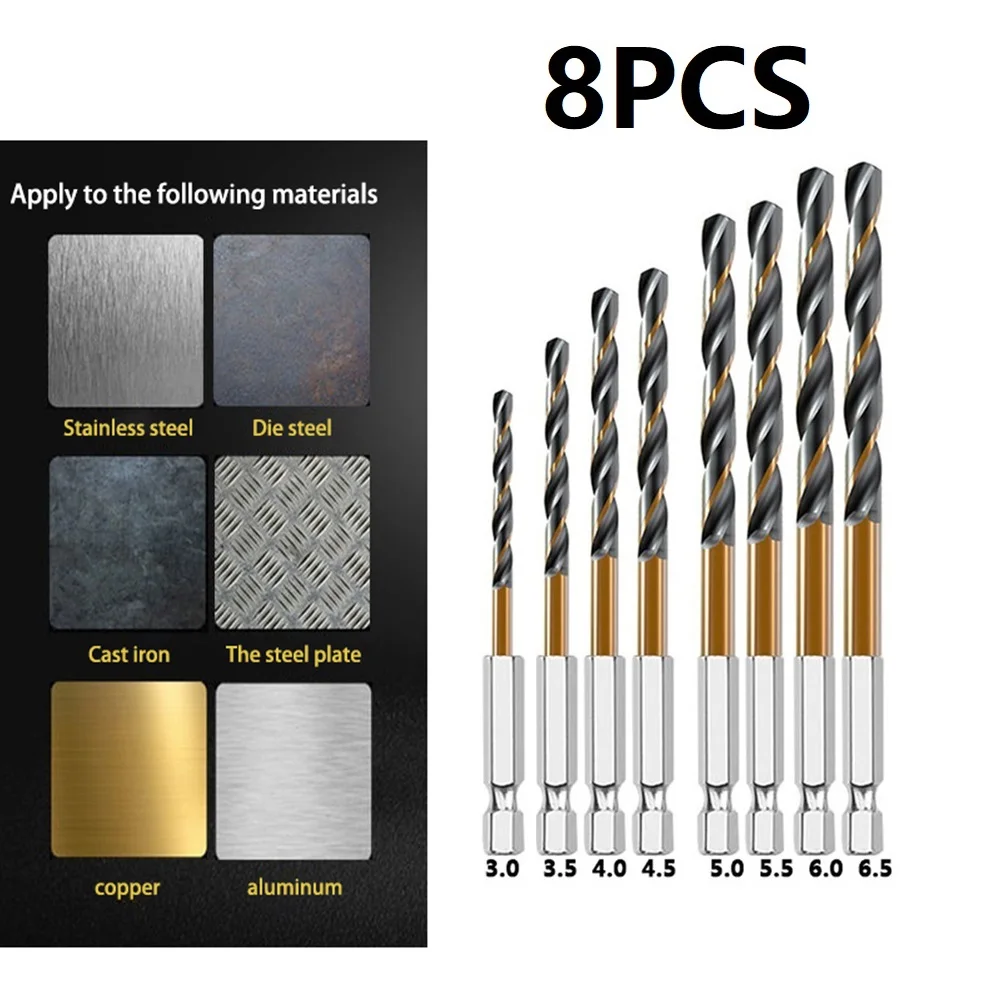 8PCS HSS Titanium Coated Drill Bit Set 1/4 Hex Shank 3/3.5/4/4.5/5/5.5/6/6.5mm For Aluminium Wood Plastic Cordless Screwdriver
8PCS HSS Titanium Coated Drill Bit Set 1/4 Hex Shank 3/3.5/4/4.5/5/5.5/6/6.5mm For Aluminium Wood Plastic Cordless Screwdriver