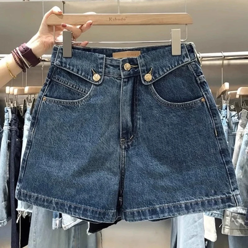 

Summer Women's New Wide Leg Denim Shorts High Waisted Cuffed A-line Blue Five-point Jeans Shorts Y2K Clothes