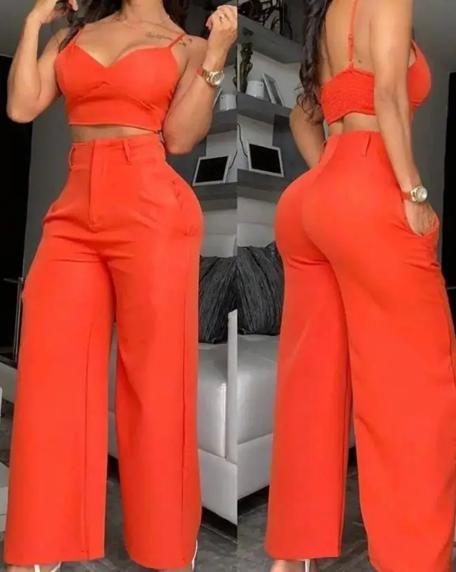 Office Lady Tow Piece Set for Women Summer Spaghetti Strap V-Neck Crop Top & Female Loose Fashion Trousers Wide Leg Pants Set
Office Lady Tow Piece Set for Women Summer Spaghetti Strap V-Neck Crop Top & Female Loose Fashion Trousers Wide Leg Pants Set