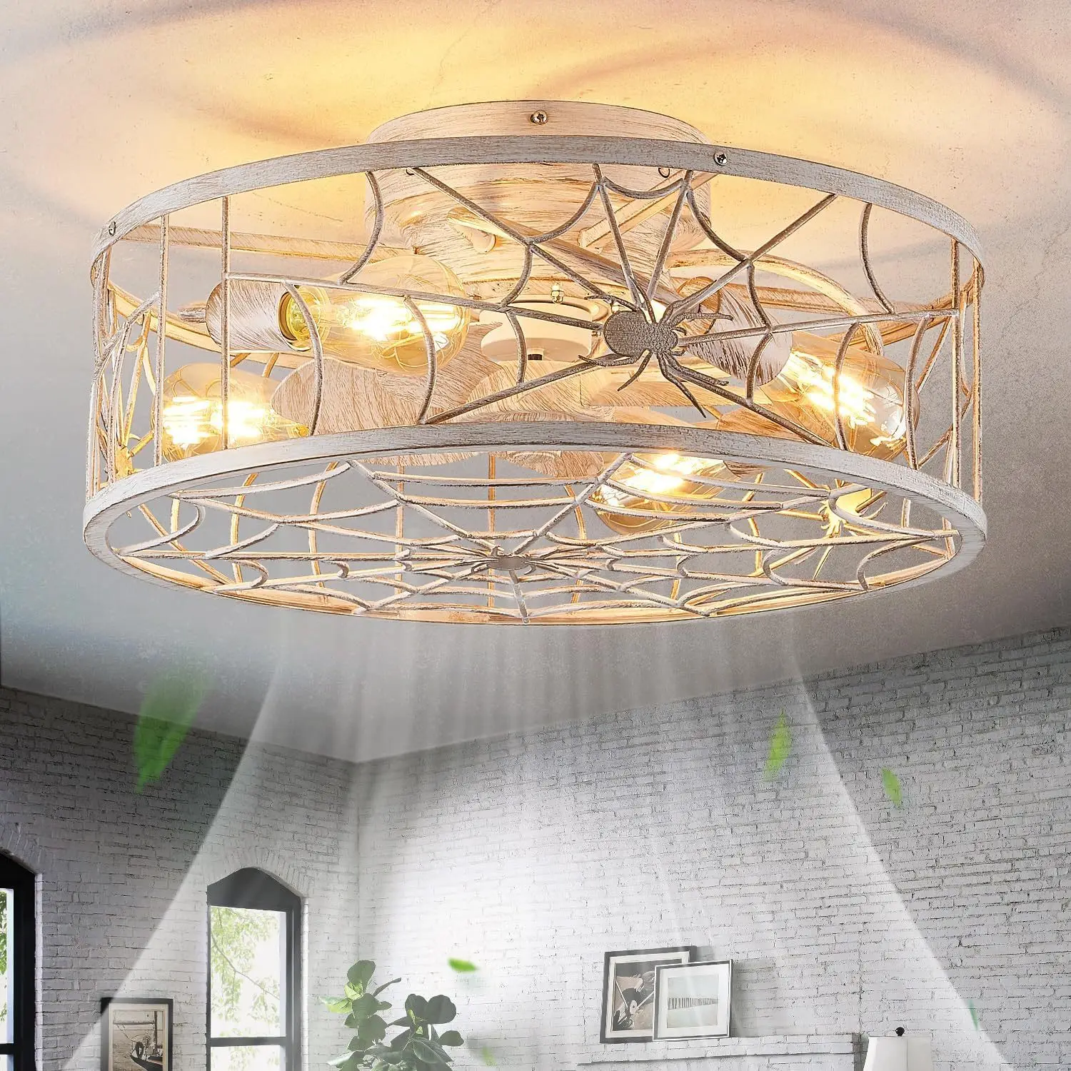 

20" Caged Ceiling Fans with Lights Remote Control, White Flush Mount Ceiling Fan Small, Bladeless Low Profile Ceiling Fan Light