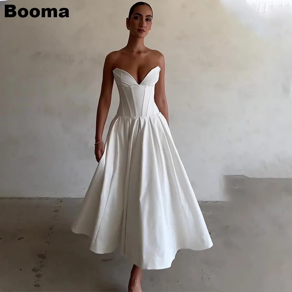 

Booma A-Line Simple Midi Wedding Party Dresses Sleeveless Boning Corset Prom Gowns for Women Evening Dress for Wedding Guest